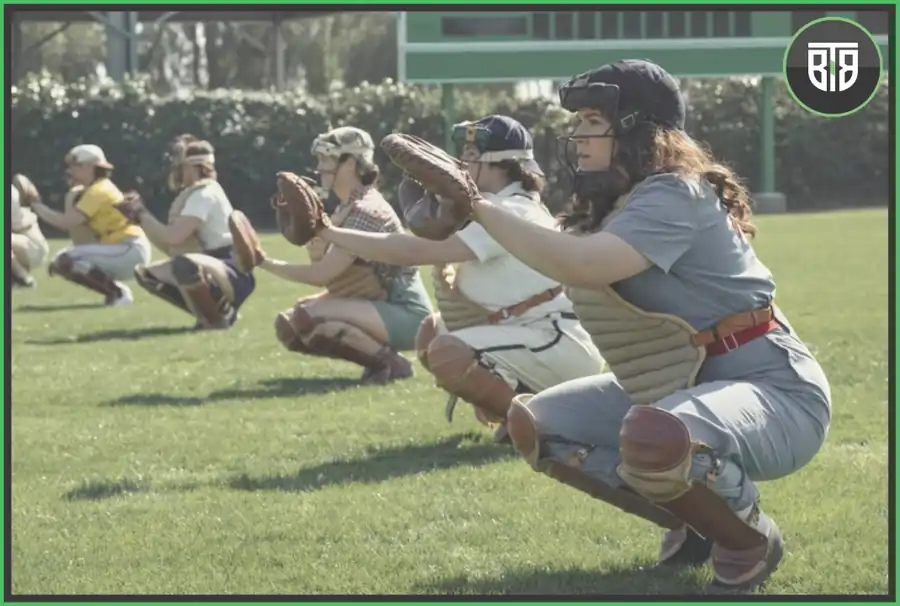 a team of women baseball is doing training in a ground,  a league of their own netflix