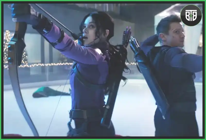 a man and a girl is holding bows in Hawkeys, a Disney plus series 2021, owen wilson loki