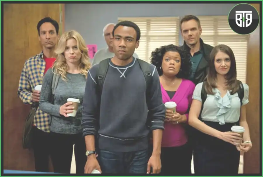 a group of students are showing different emotions face in Community sitcom, imdb best tv shows