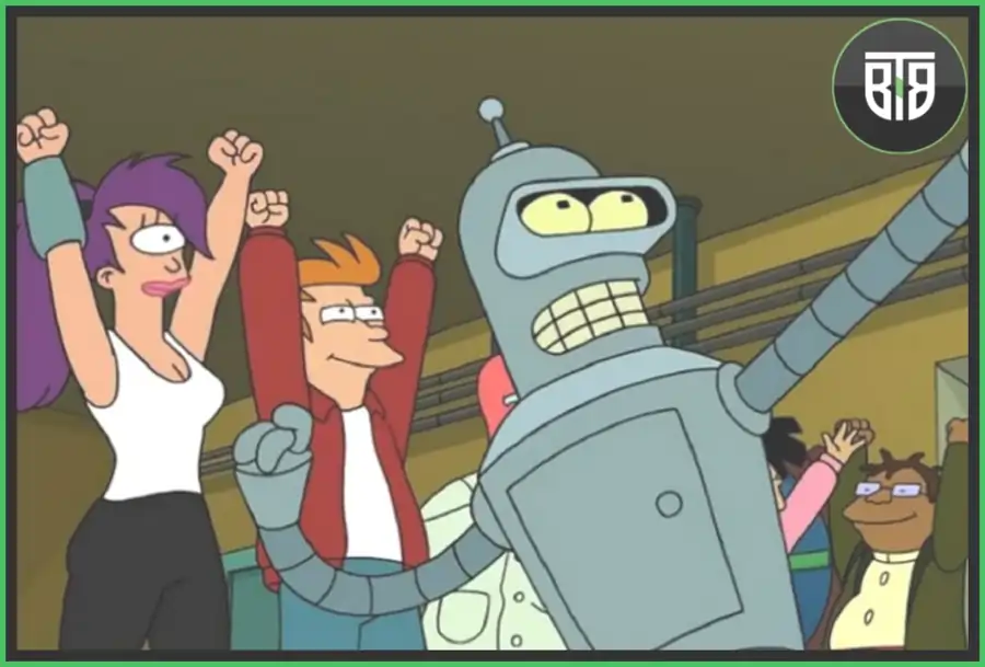 a robot and a lady and a man are all cheering in Futurama Sitcom, imdb vampire diaries