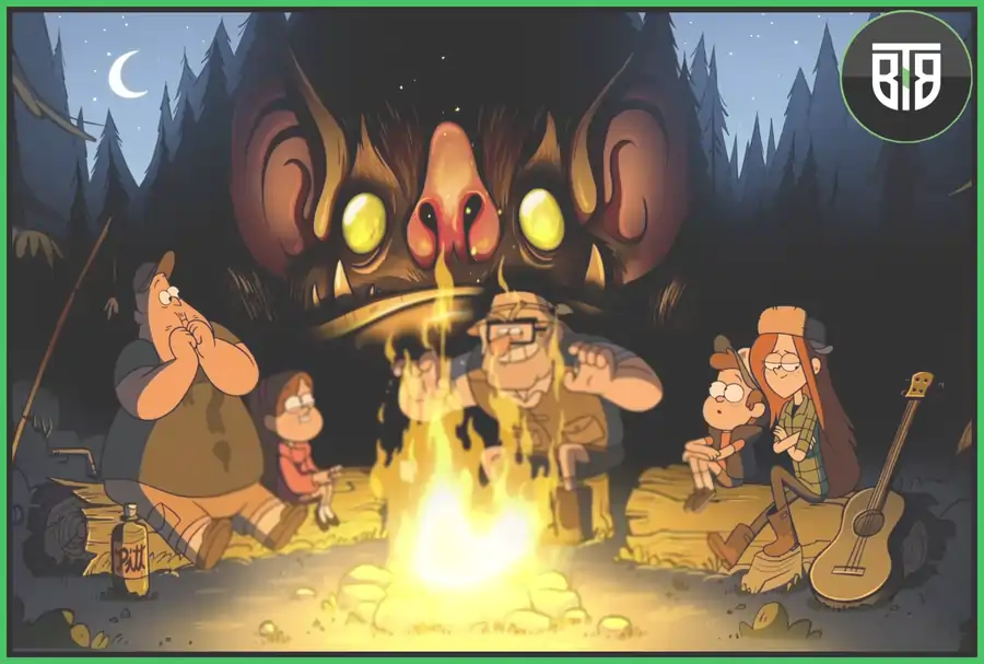 tourists are doing camp fire at night in Gravity Falls sitcom, boardwalk empire imdb