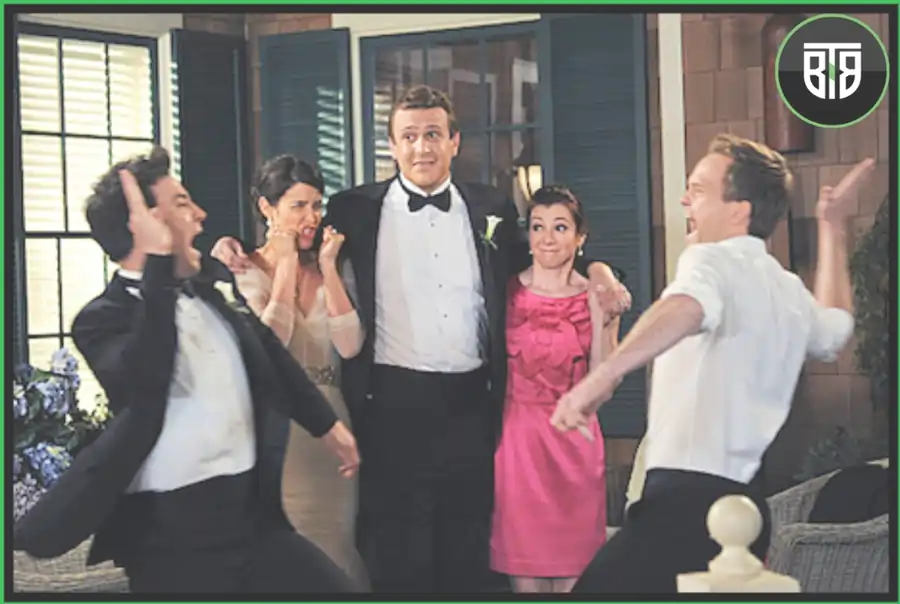 two men are fighting in a family and one men and two lady are watching them in How I met your Mother, best series imdb