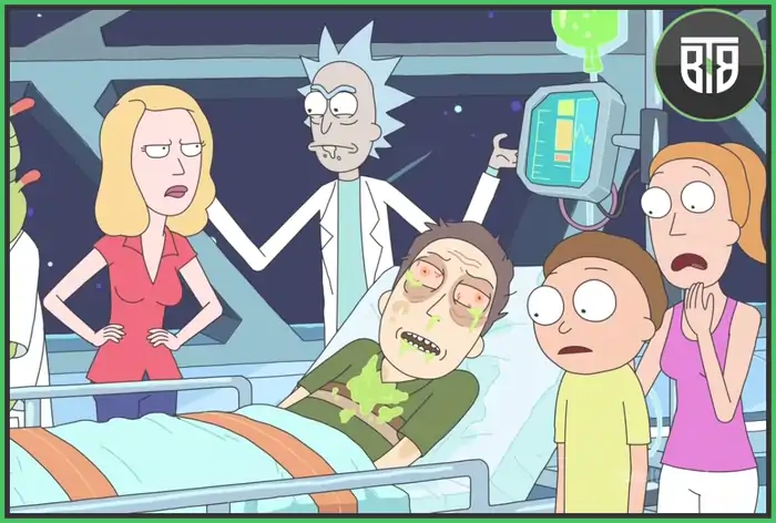 an animated poster for Rick and Morty sitcom, imdb top 100 series