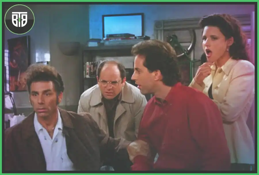 three men and one lady got shocked by something in Seinfeld, imdb top series
