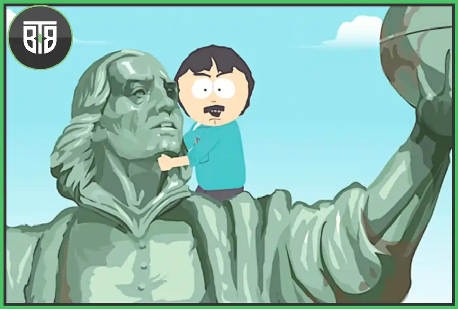 a man is climbed on a statue in The South Park Animated comedy sitcom, imdb the morning show