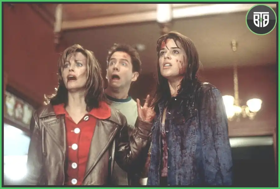 two girls and a boy are scared in Scream 1996, scary movies on netflix
