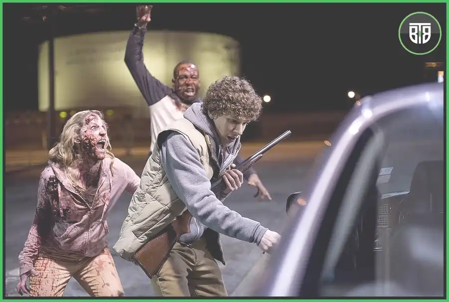 a boy is running from a girl zombie and a boy zombie in Zombieland 2009, the scariest horror movie