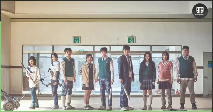 9 students are holding something to defeat someone in Korean Drama All of us are dead