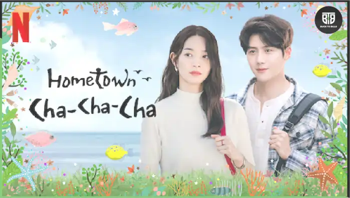 a poster of Korean Drama Hometown Cha-Cha-Cha where a boy and a girl both are standing under the shade of blossoms