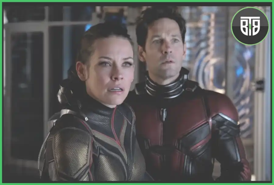 a man and a lady who wears a suit get shocked in Ant-Man 2015, best on disney plus