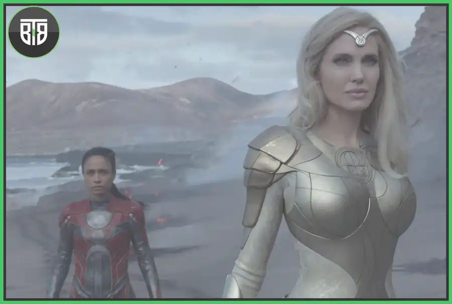 two ladies are looking something in Eternals 2021, romance movies on disney plus