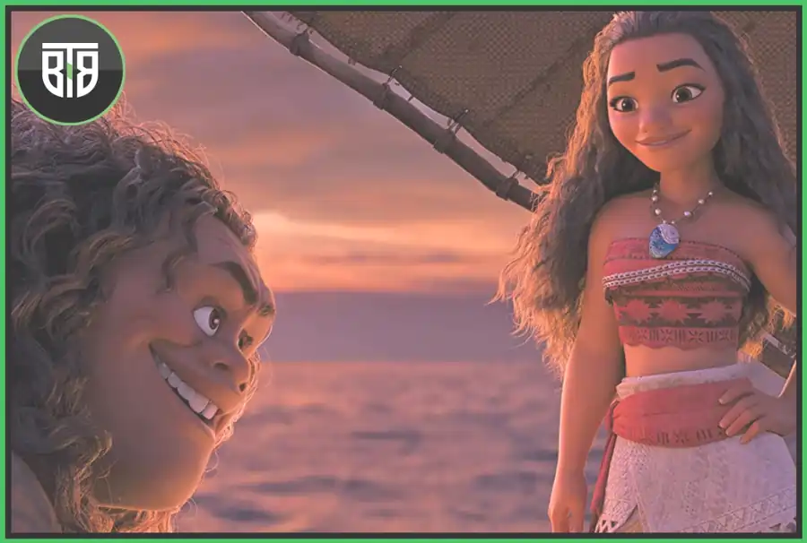 a girl is giving smile while looking a giant man in Moana 2016, best movies on disney plus
