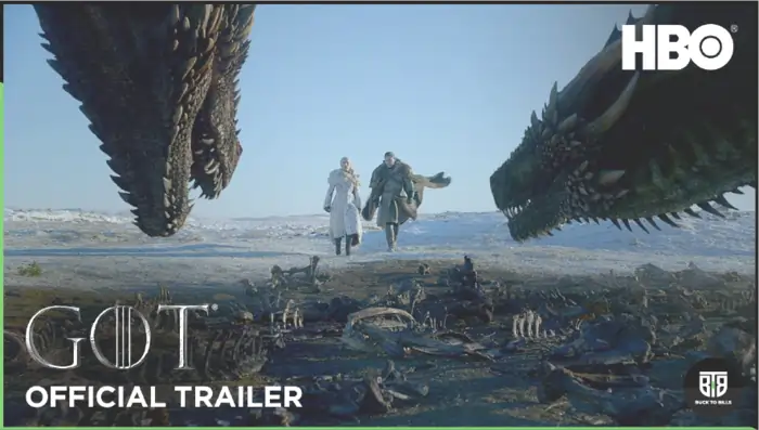 Two characters of Game of thrones are flying in the sky and behind dragons are also flying