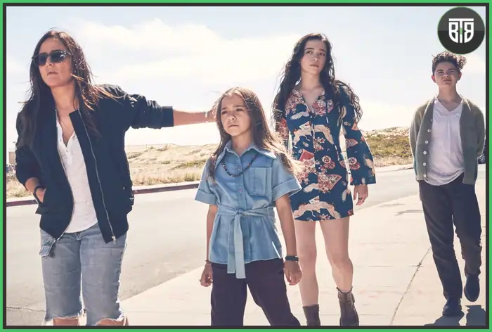 a family in which two girls, one boy, and a lady is waiting for something in Better Things 2016, hulu shows to watch
