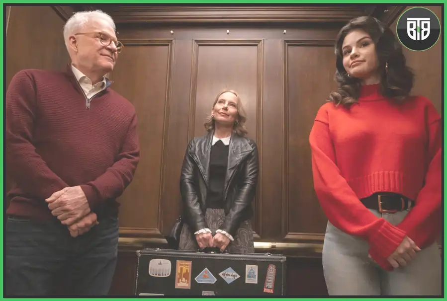 a man and two ladies get stuck in a lift in Only Murders in the Building Season1, 2021, american horror story disney plus
