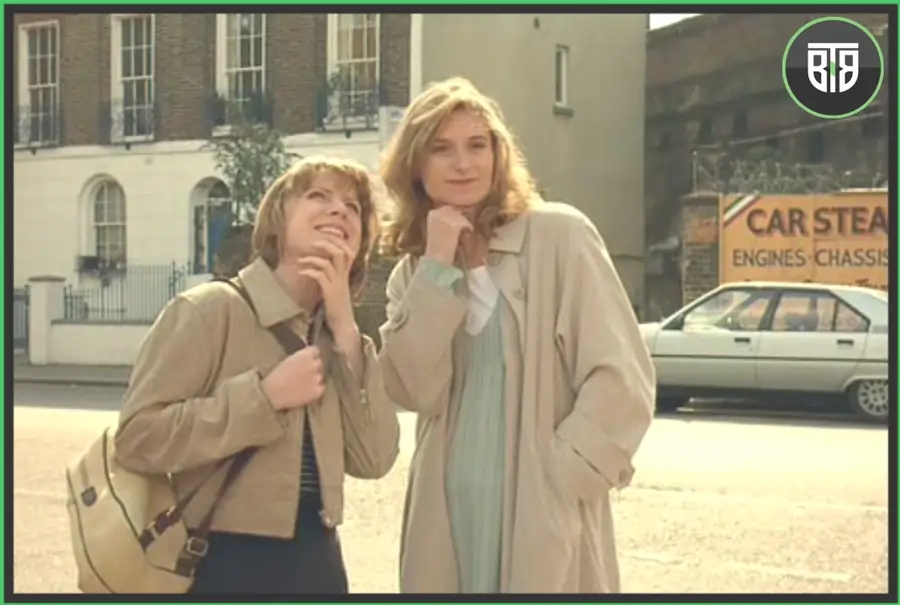 two girls are looking at different places and smiling in Career Girls 1997, criterion on demand