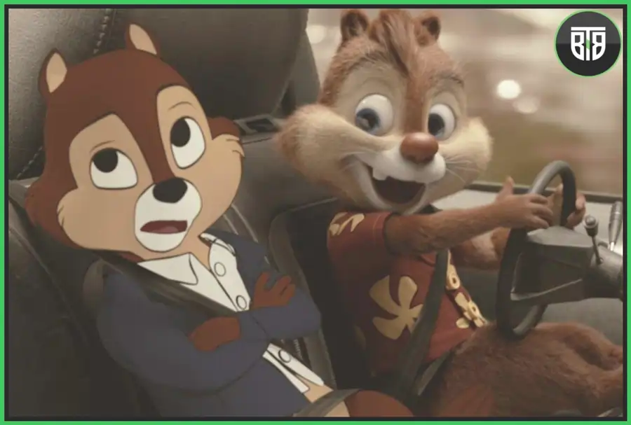 a squirrel is driving and another one is showing his attitude in Chip ‘n Dale: Rescue Rangers, Disney movies