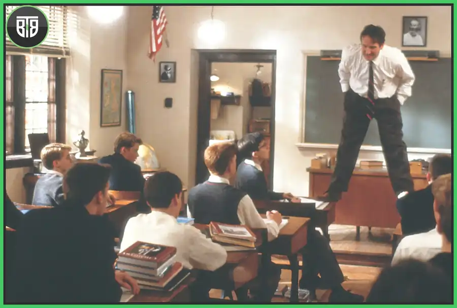 a teacher is standing on the table in Dead Poets Society - A 1989 Drama/Teen Movie, movies about the meaning of life