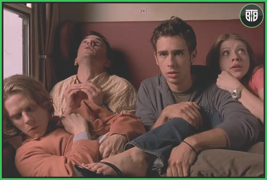 a group of tourists get shocked in a train in Eurotrip (2004), adult comedy movie in hindi