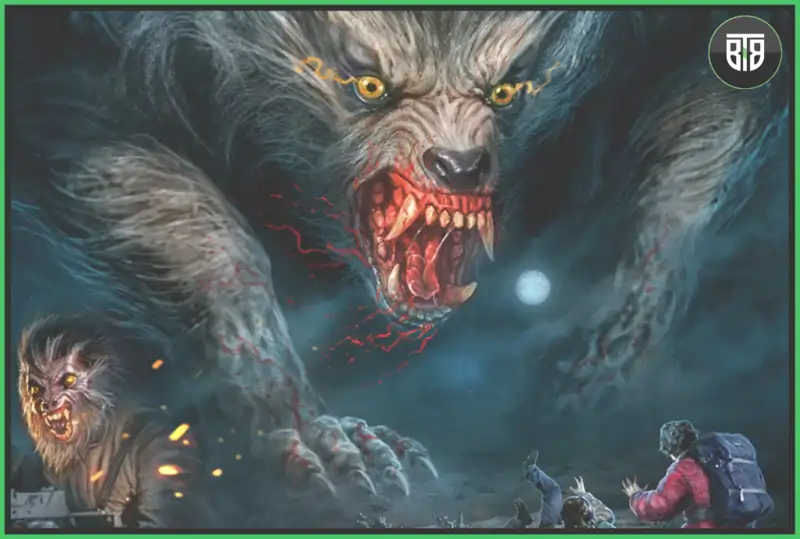 there is wolf that is souring on a man and a girl in an American Werewolf in London Street Movie, funny horror movies