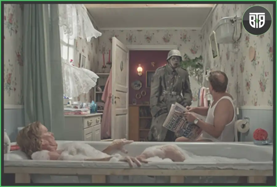 a man is fleshing, and a lady is taking bath and suddenly door open in a movie Dead Snow 2: Red vs Dead, funny ghost movies