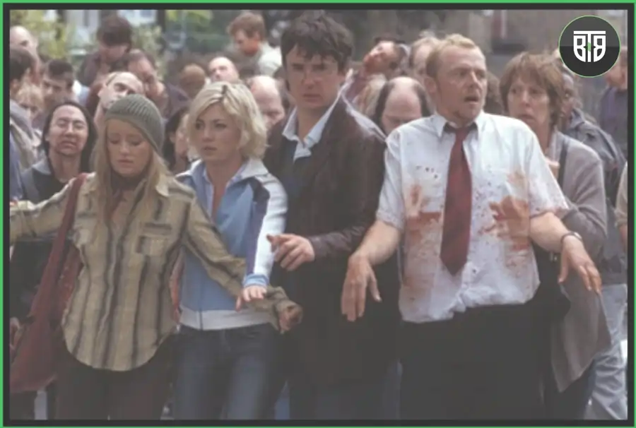 people are in fear of zombies in Shaun of the Dead movie, horror comedy movies