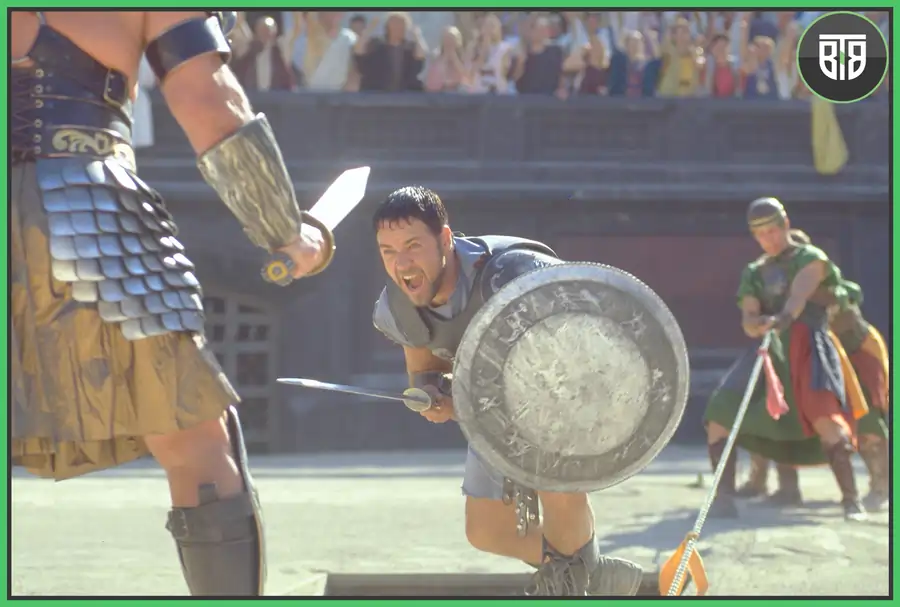 two men are fighting each other in a ring in Gladiator (2000 film), Best Ancient Historical Movies Hollywood