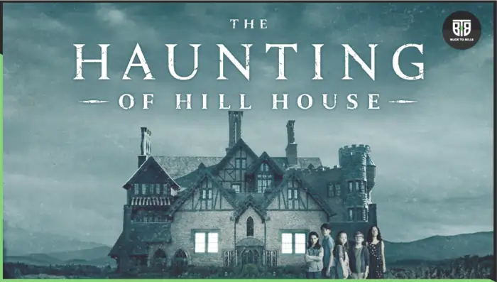 a poster of a movie the haunting of hill house in a background there is a haunted house