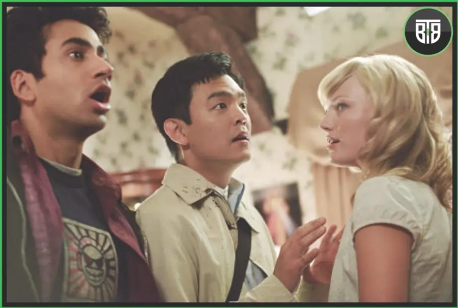 two men are in shocked and a girl is starring them in Harold and Kumar Go to White Castle (2004), comedies for adults