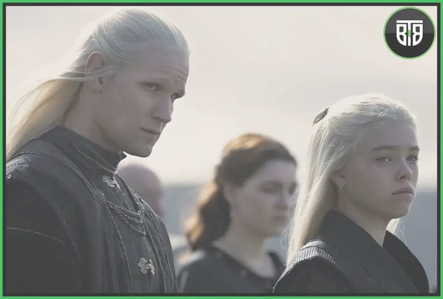 one man and two ladies are going somewhere in Game of Thrones, the house of dragon