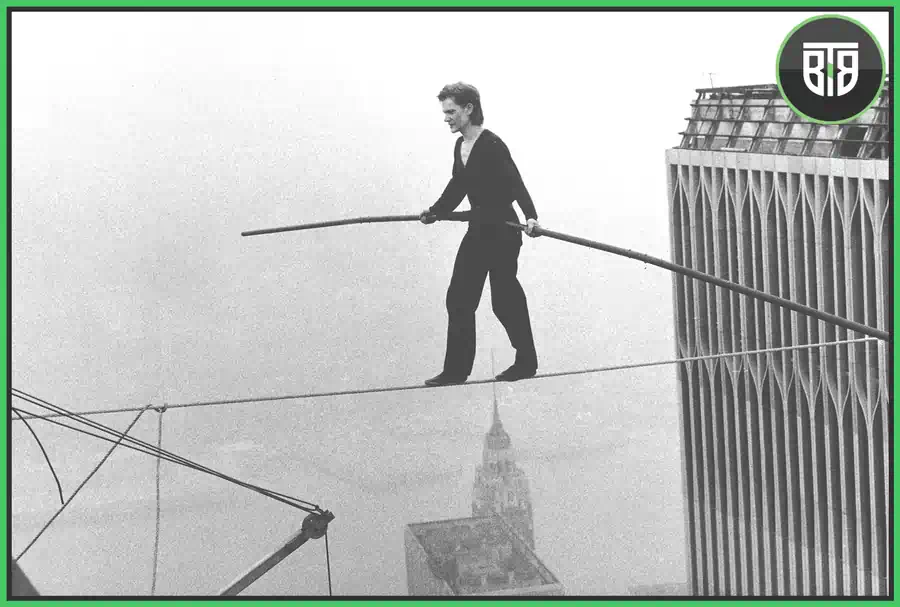 a man is walking on a wire in a movie Man on Wire 2008, best documentaries of all time netflix
