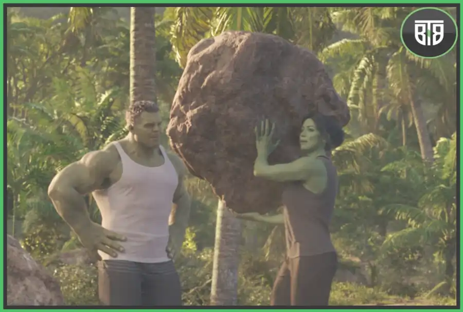 a green lady is holding a big rock and hulk is watching this in Marvel Studio She-Hulk,  shang chi marvel disney plus