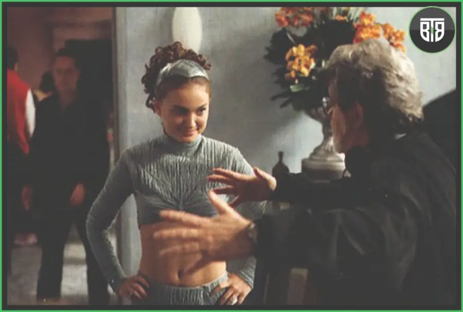 Natalie Portman and George Lucas behind the scenes of Attack of the Clones