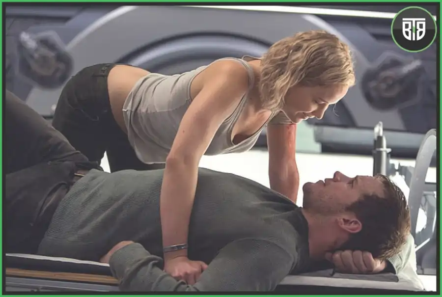a lady is on a man in Passengers (2016), best movies science fiction