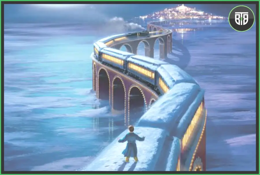 an animated movie scene in which a boy is traveling on the roof of a train in Polar Express (2004 film), only murders in the building reddit