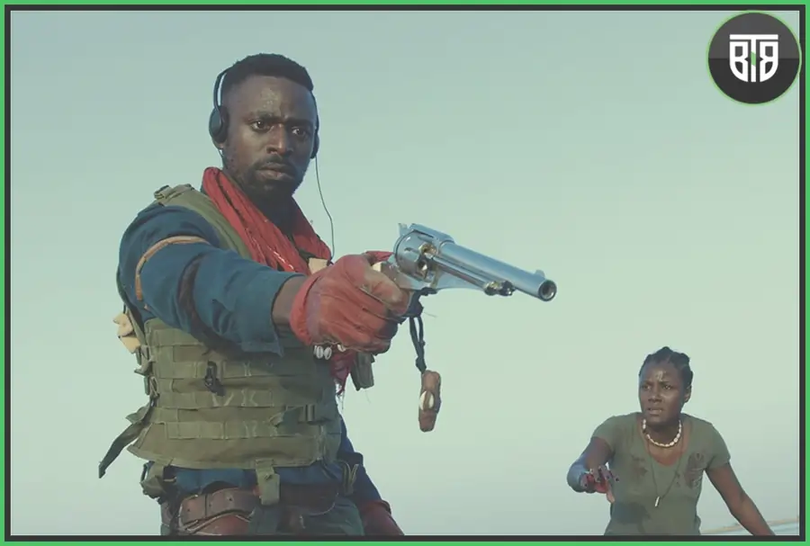 a man is pointing out a gun on something and a girl is watching this in Saloum, best movies on shudder