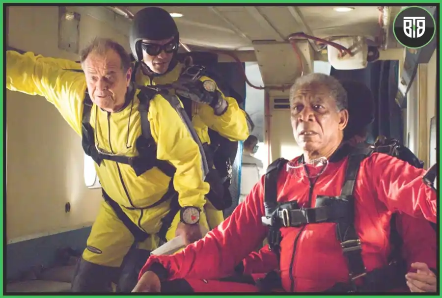 three old people are ready to take sky diving in a plane in The Bucket List - A 2007 ‧ Comedy/Drama Movie best life changing movies on netflix
