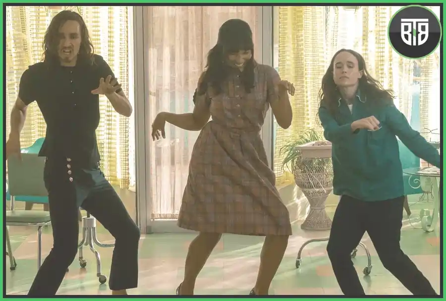 two girls and one man are dancing in Umbrella Academy, best series to binge watch