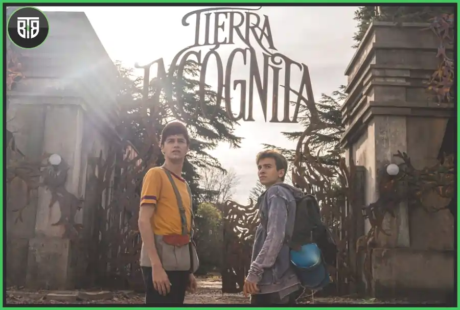 a movie scene of Tierra Incognita in which two boys are standing outside of a gate, best Disney plus movies for adults