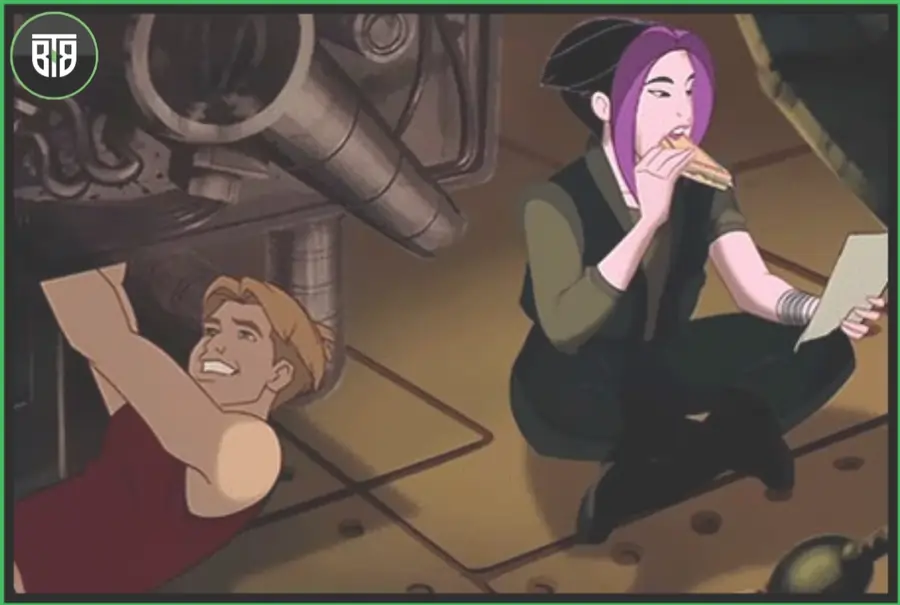 a boy anime is doing some work and a girl anime is eating a burger in Titan AE (2000), best sci fi movies on netflix