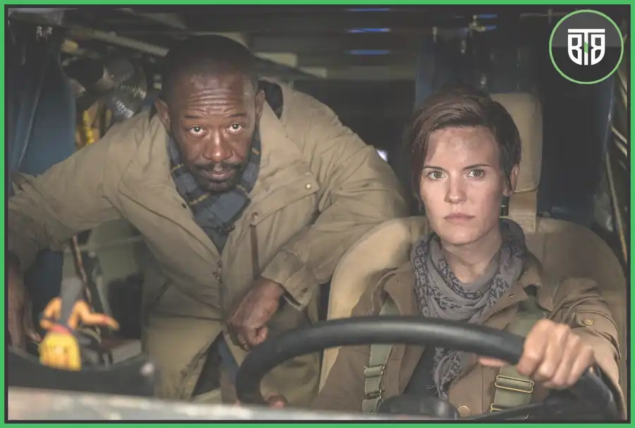 a lady is driving and a men is looking forward, tale of walking dead