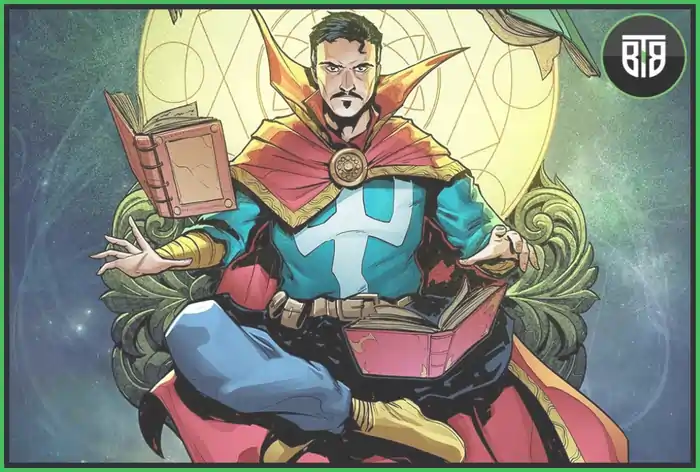 A Comic Character Doctor Strange is doing some Magic Tricks in a poster, marvel legends stan lee