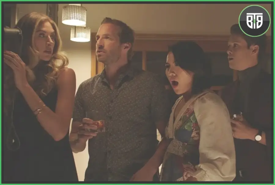 two men and two ladies shocked when they know that they are locked in a movie - Who Invited them, cursed films
